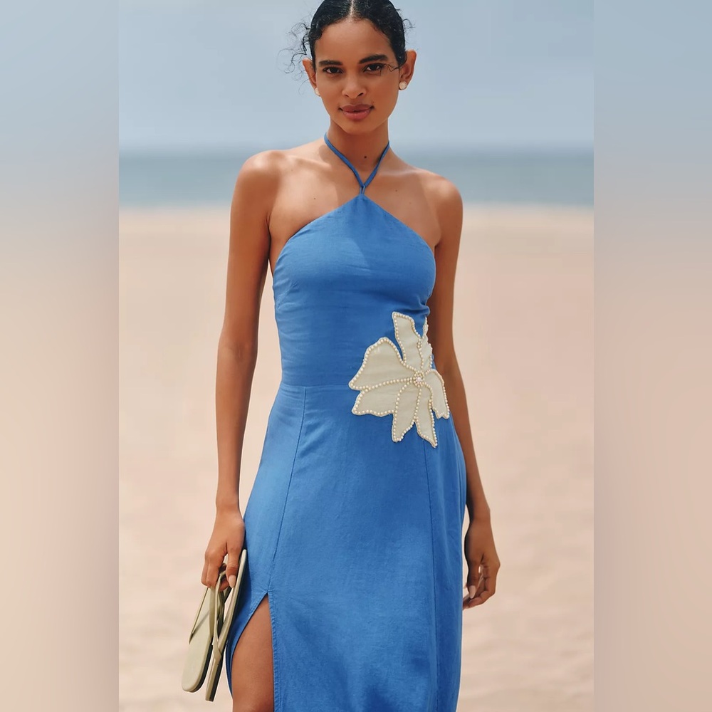 NWT! Anthropologie Celandine Linen-Blend Halter Side-Slit Maxi Dress - Small ☁️ - Picture 3 of 15